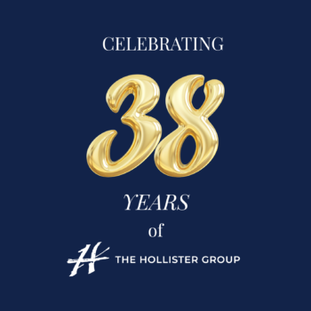 Navy background with gold text Celebrating 38 Years of The Hollister Group and the groups logo at the bottom.