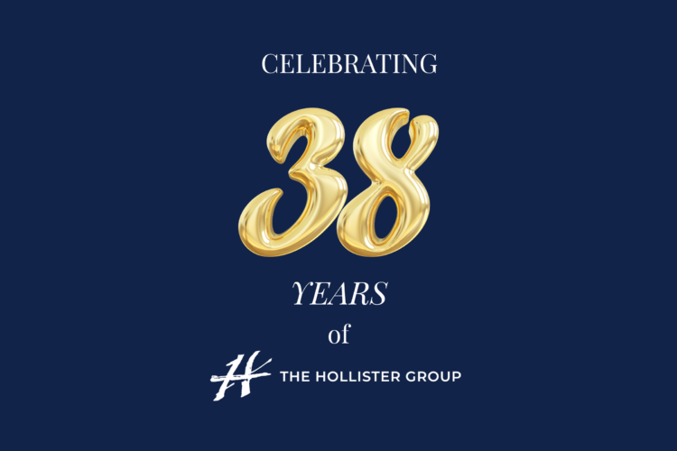 Navy background with gold text Celebrating 38 Years of The Hollister Group and the groups logo at the bottom.