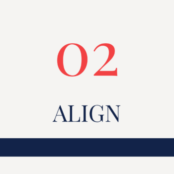 A graphic with the number 02 in red above the word ALIGN in navy, above a solid navy horizontal bar on a white background.