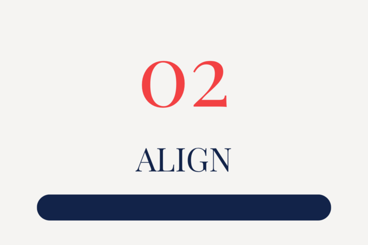 A graphic with the number 02 in red above the word ALIGN in navy, above a solid navy horizontal bar on a white background.