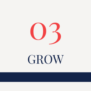 Red number 03 above the word GROW in navy, with a solid navy horizontal bar below, on a white background.