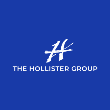 White H with brushstroke style above THE HOLLISTER GROUP in white, centered on a solid blue background.