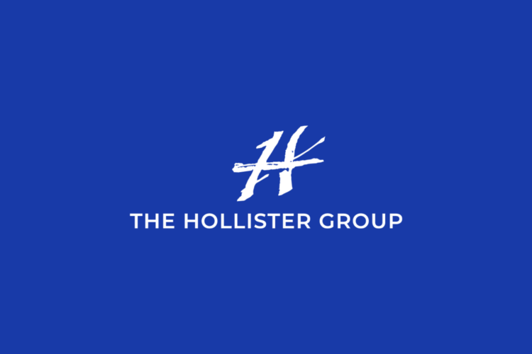White H with brushstroke style above THE HOLLISTER GROUP in white, centered on a solid blue background.